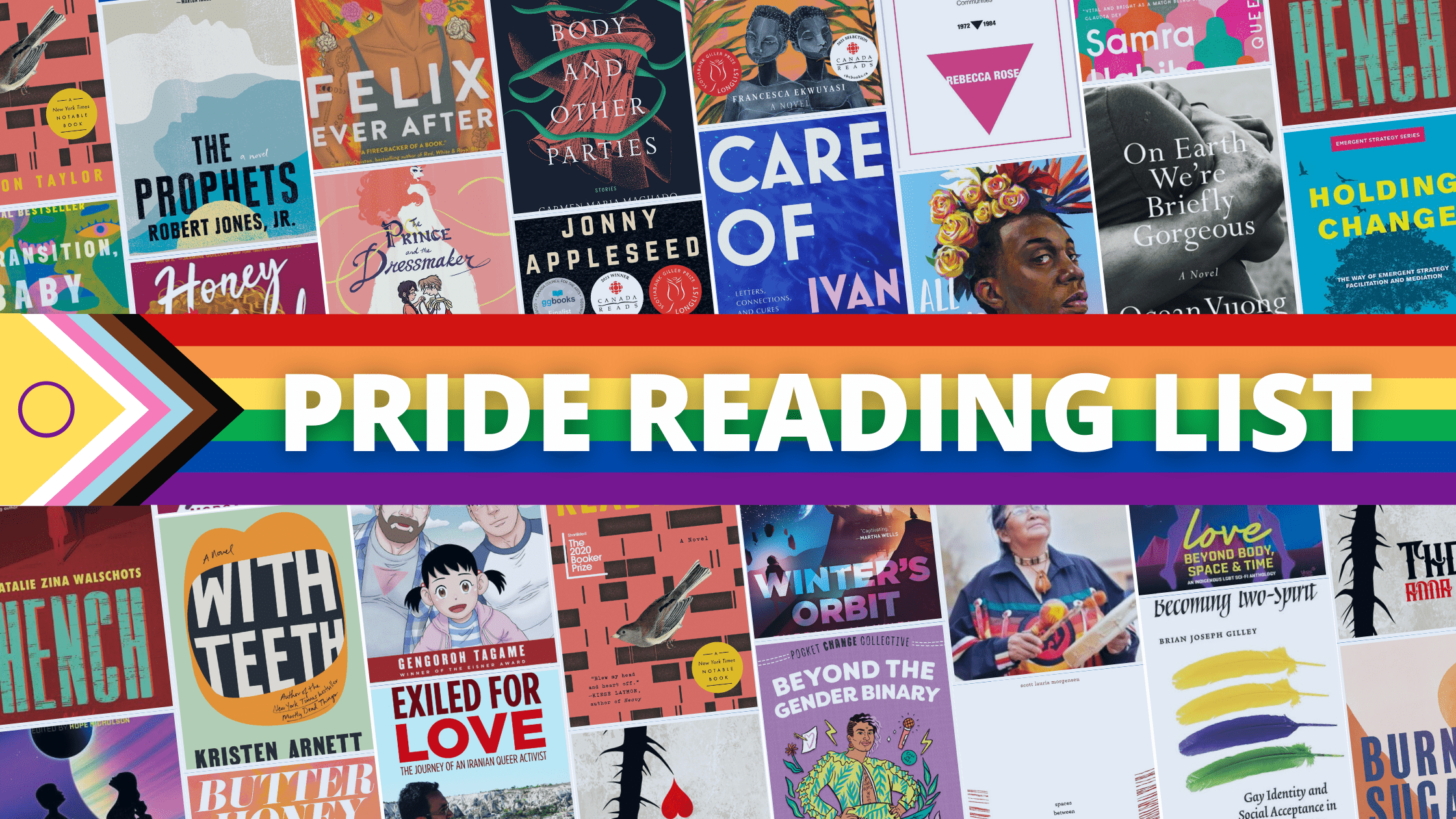 collage of book titles with the Pride flag in the centre and text that reads "PRIDE READING LIST"