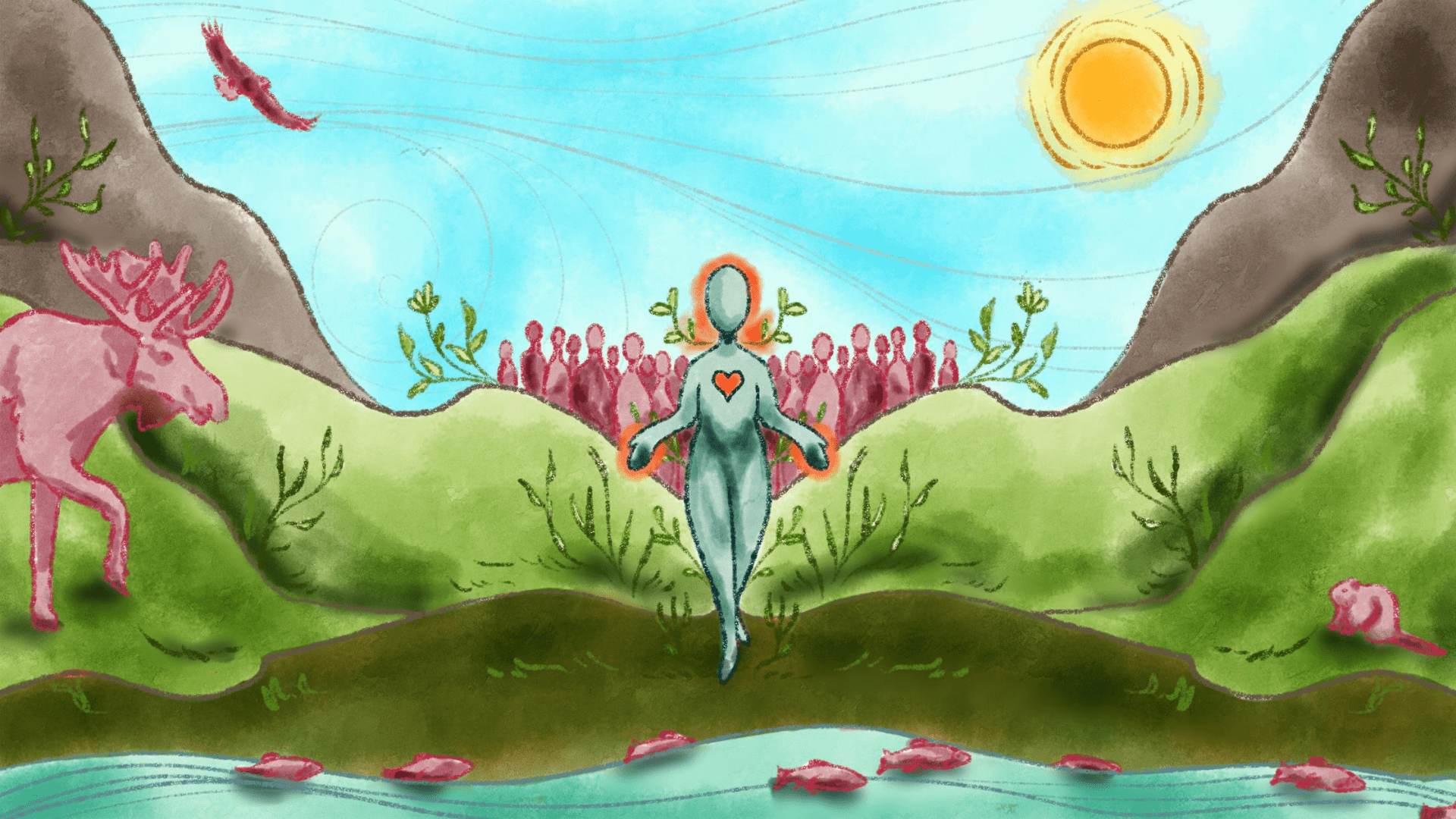 An illustration of a person with their head, heart, and hands highlighted standing on the land in harmony with nature and animals.