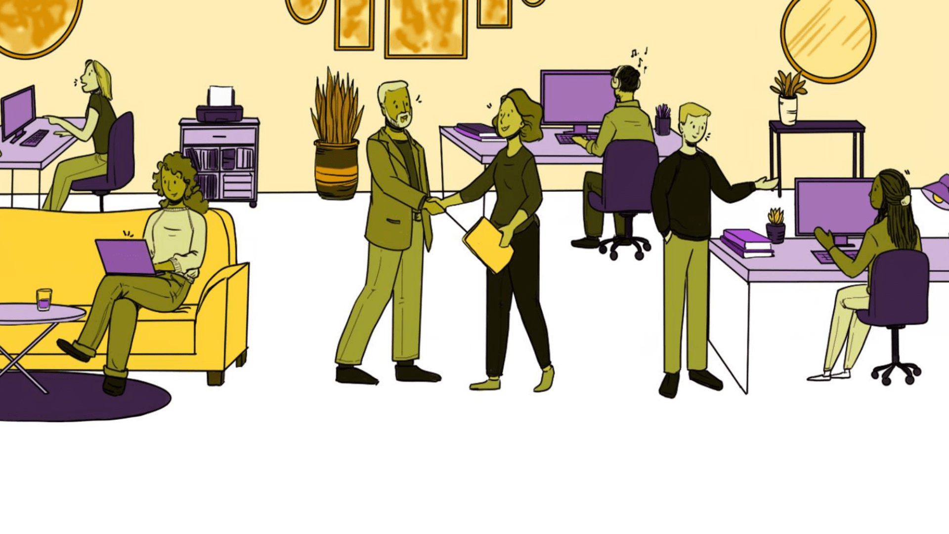 An illustration of a vibrant workplace where people are collaborating and working in different spaces in an office.