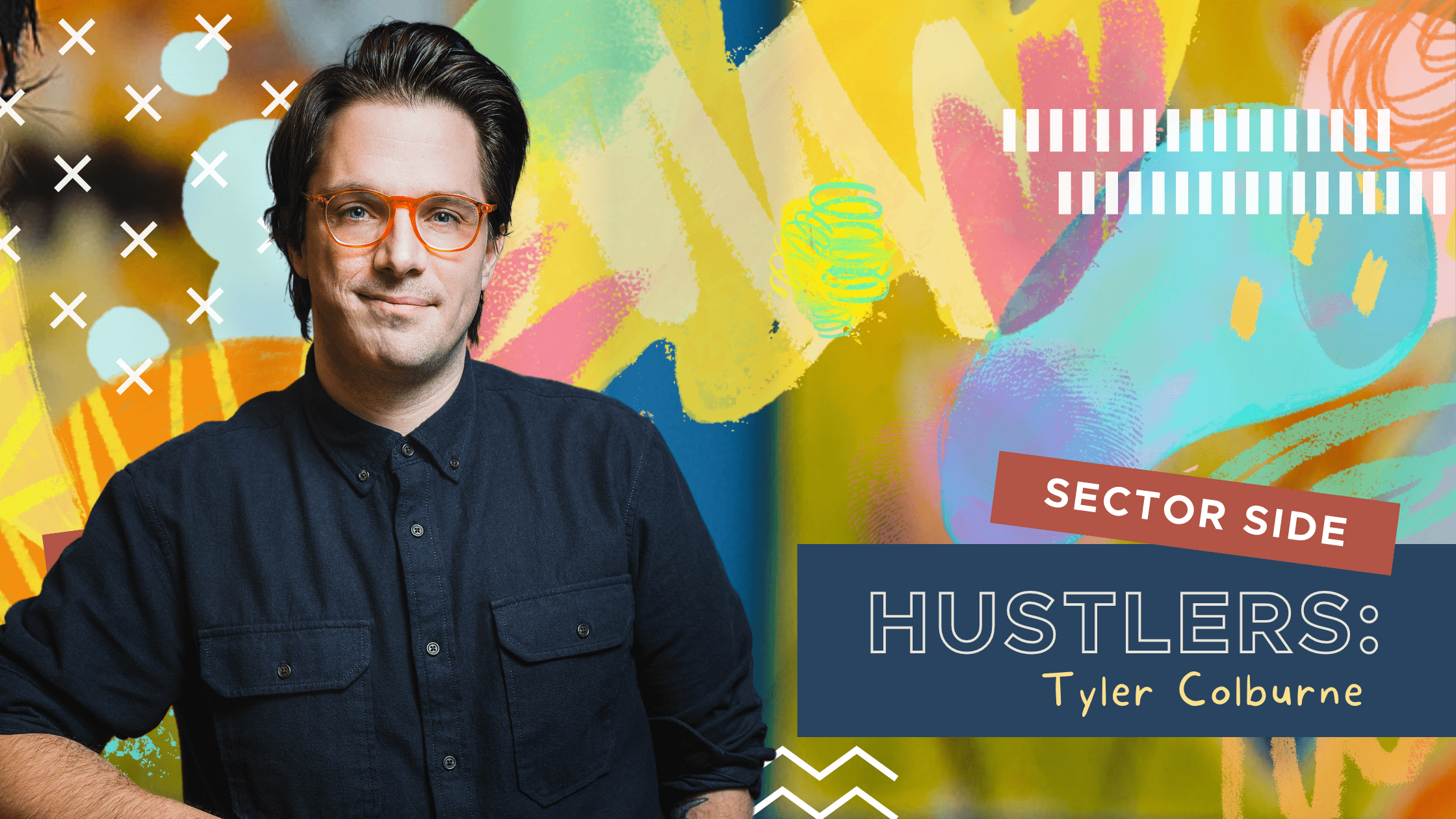 Tyler Colburne in front of a colourful background
