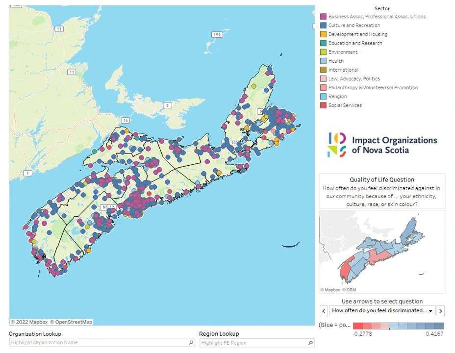 A photo of a map of Nova Scotia and coloured areas on the map highlighting the various sectors in Nova Scotia and where they are on the map.