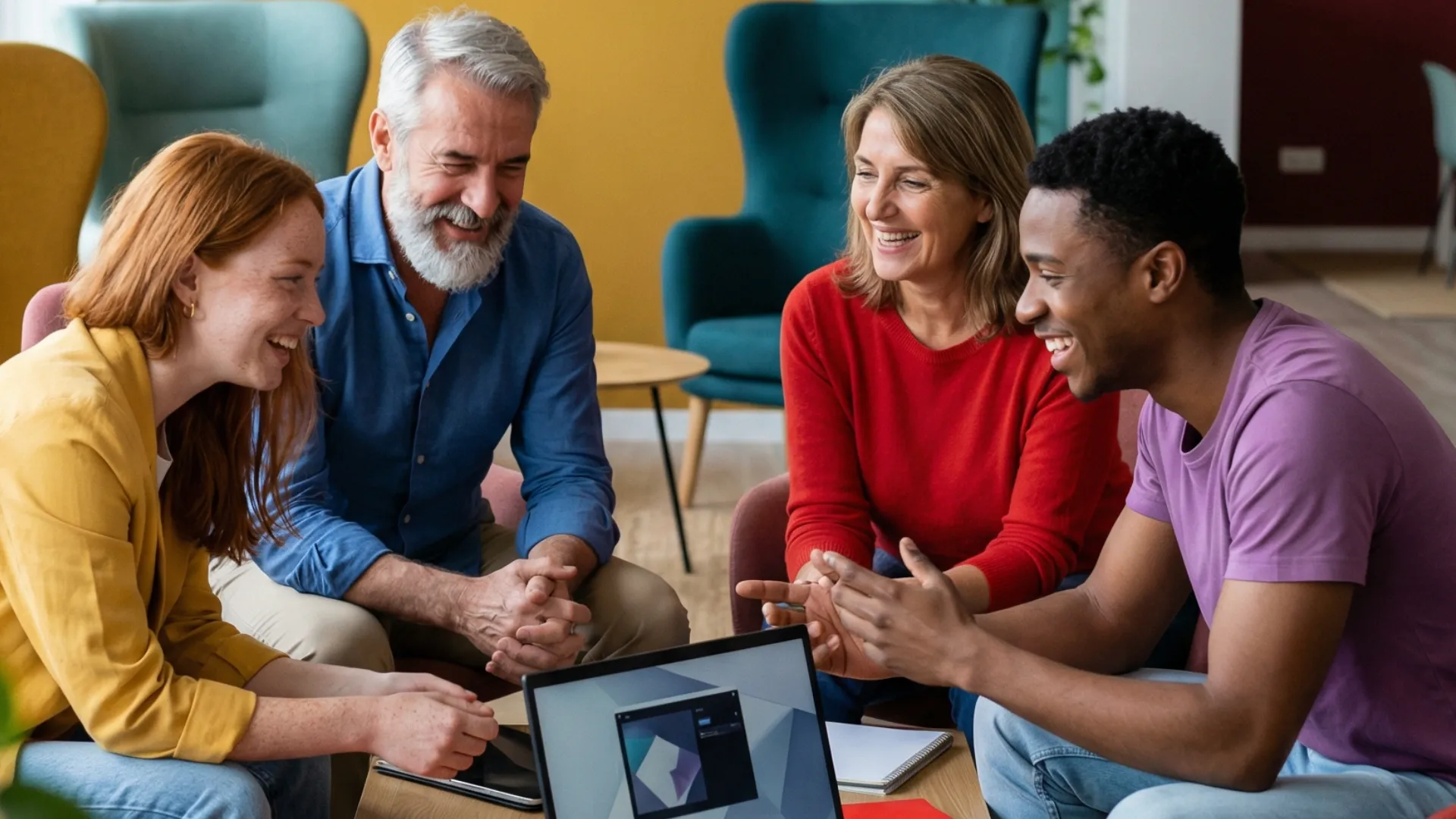 People sitting around a computer and chatting